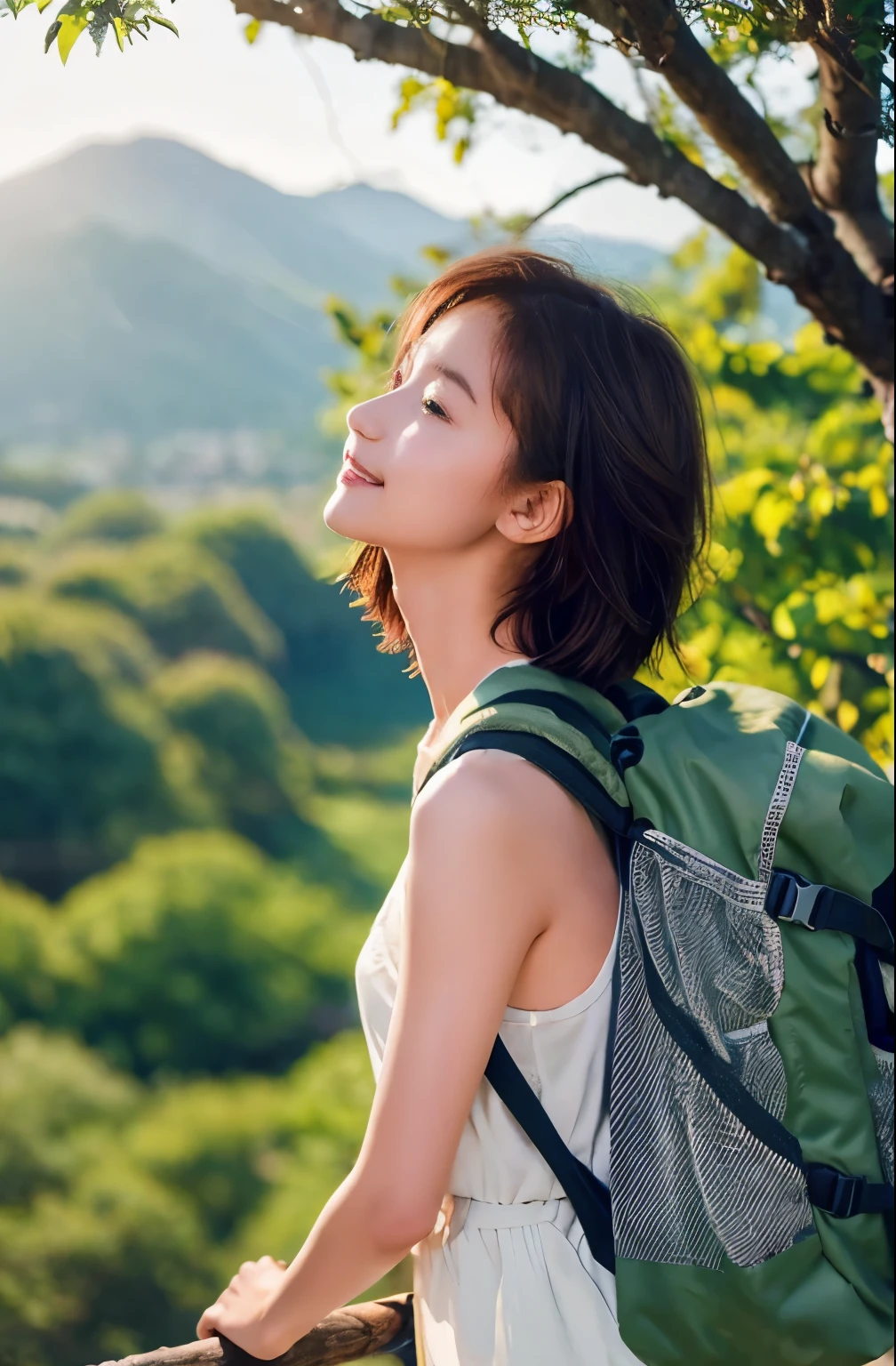 Highest quality, (Large backpack:1.3), One beautiful woman, (Touching a big tree:1.3), ((masterpiece, Highest quality, High resolution)), 1 Girl, smile, (Realistic: 1.4), Great face, ************, short hair, (Beautiful Hair:1.5), Climbing Wear, The background is Yakushima, Side angle, (Skinny body type:1.3), (Flat Chest:1.3), (Mountain climbing style:1.3), Smooth, Highly detailed CG composite 8K wallpaper, High resolution RAW color photos, Professional photography, Light, BackLight, dream-like, impressive, Written boundary depth