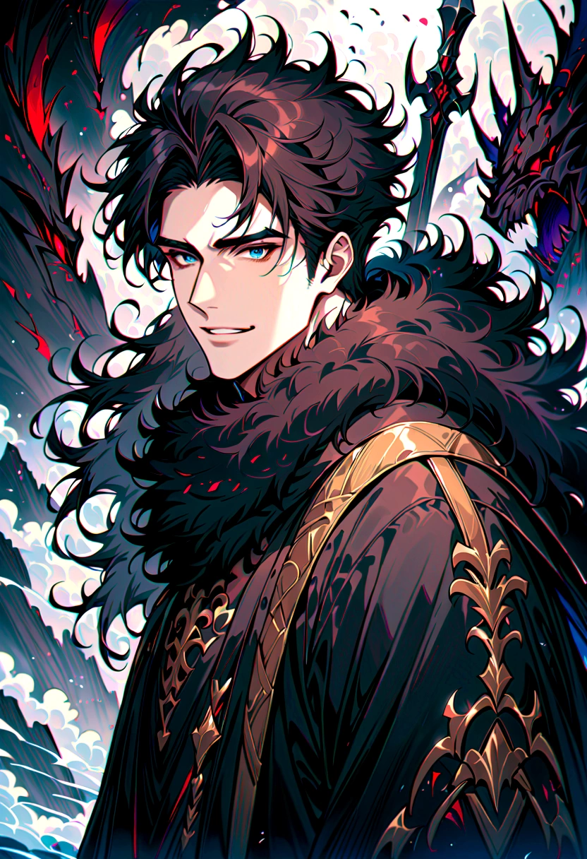 Masterpiece, Highest quality, Heavy snow, Cold Weather, realistic, 1 person, mature man, A quiet and charming young man, 30 years old, smile, gag, Portrait, Highly detailed face, 寒さとsmile, ((blue eyes)), ((black short hair)), [Thick eyebrows], dark palace, ((black long coat)), ((all black)), (blue eyes) ,Short Black Quiff Hair with Soft Fringe, handsome , muscle, Facial expressions, Black Knight Armor , black fur shawl(Masterpiece,best quality,special, (Broad shoulders)) (muscle), male focus, Hand holding a long sword,black two handed sword, His black sword rose high., Face gigantic and terrifying monsters.. Describe the man&#39;s appearance., Details of his sword, Characteristics and characteristics of monsters, and convey the tension and power of the encounter..",wearing black, black fur shawl(Masterpiece,best quality,special, (Broad shoulders)) (muscle)dark color, and the one who holds the spear in his right hand.