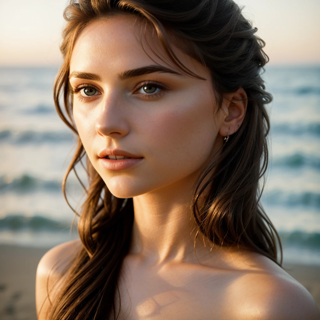 alistic: 1.2). The intricate details of her face, including her glittering eyes with realistic pupils, mesmerize the viewer. Her brown pupils glisten with warmth and depth, reflecting the serene surroundings of the beach. The image captures her in a relaxed pose, basking in the golden hours of the evening, as the sun begins to set. The composition showcases her slender and toned body, accentuated by the soft, warm glow of the sunlight. The shallow depth of field adds a touch of cinematic magic, with the background gently blurred, allowing the viewer to focus solely on her natural beauty. The photograph exudes a sense of tranquility and captures a carefree moment frozen in time. This masterpiece of a photo, shot with