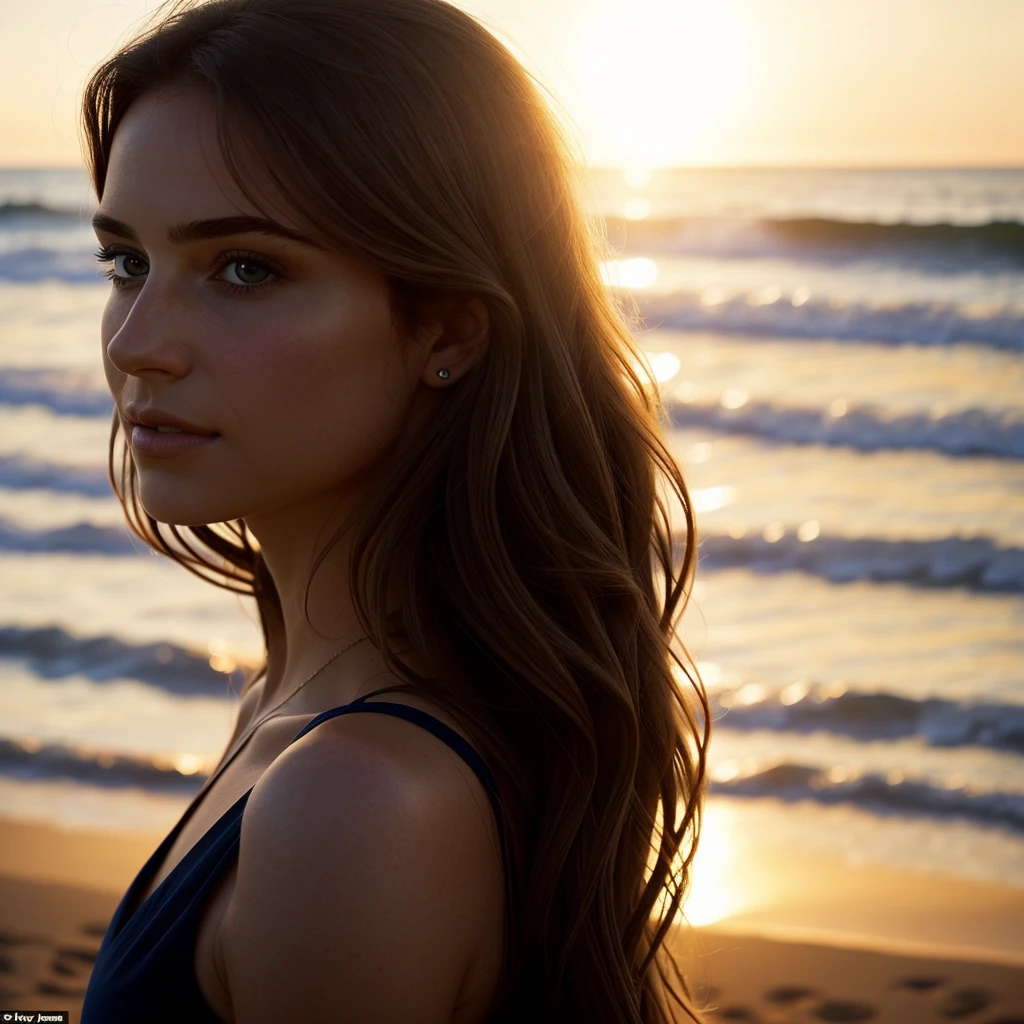 alistic: 1.2). The intricate details of her face, including her glittering eyes with realistic pupils, mesmerize the viewer. Her brown pupils glisten with warmth and depth, reflecting the serene surroundings of the beach. The image captures her in a relaxed pose, basking in the golden hours of the evening, as the sun begins to set. The composition showcases her slender and toned body, accentuated by the soft, warm glow of the sunlight. The shallow depth of field adds a touch of cinematic magic, with the background gently blurred, allowing the viewer to focus solely on her natural beauty. The photograph exudes a sense of tranquility and captures a carefree moment frozen in time. This masterpiece of a photo, shot with