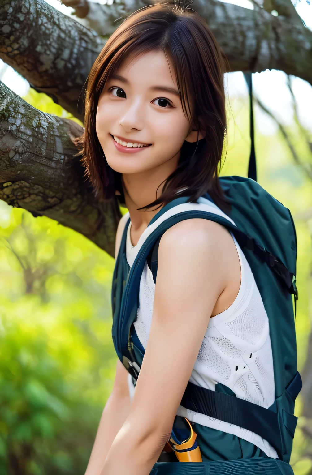 Highest quality, (Large backpack:1.3), One beautiful woman, (Touching a big tree:1.3), ((masterpiece, Highest quality, High resolution)), 1 Girl, smile, (Realistic: 1.4), Great face, , short hair, (Beautiful Hair:1.5), Climbing Wear, The background is Yakushima, Side angle, (Skinny body type:1.3), (Flat Chest:1.3), (Mountain climbing style:1.3), Smooth, Highly detailed CG composite 8K wallpaper, High resolution RAW color photos, Professional photography, Light, BackLight, dream-like, impressive, Written boundary depth