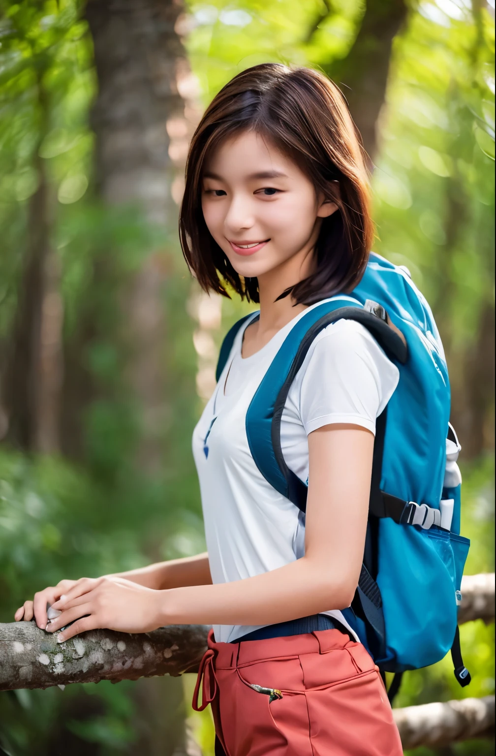 Highest quality, (Large backpack:1.3), One beautiful woman, (Touching a big tree:1.3), ((masterpiece, Highest quality, High resolution)), 1 Girl, smile, (Realistic: 1.4), Great face, ************, short hair, (Beautiful Hair:1.5), Climbing Wear, The background is Yakushima, Side angle, (Skinny body type:1.3), (Flat Chest:1.3), (Mountain climbing style:1.3), Smooth, Highly detailed CG composite 8K wallpaper, High resolution RAW color photos, Professional photography, Light, BackLight, dream-like, impressive, Written boundary depth