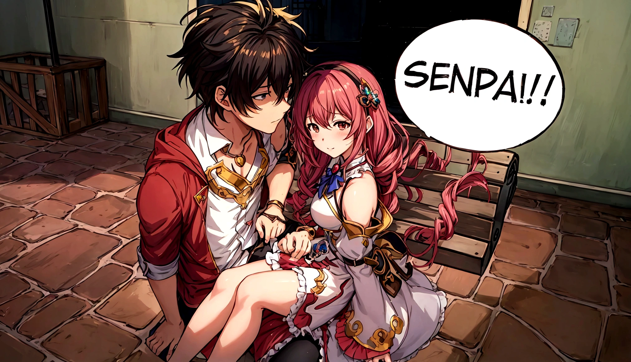 anime - style picture of a couple sitting on a bench with a comic bubble above them, ben maier and sakimichan, sfw version, anime in fantasy style, kawacy, fus rei, shadowverse style, sakimichan and frank franzzeta, manhwa, granblue fantasy, hidari and vlop, lewd