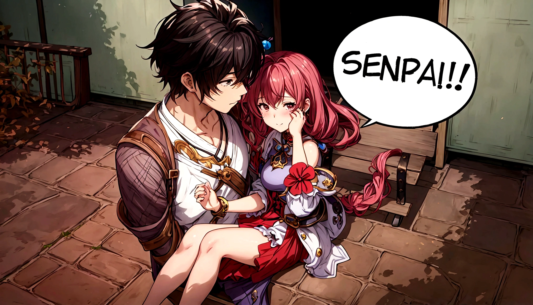 anime - style picture of a couple sitting on a bench with a comic bubble above them, ben maier and sakimichan, sfw version, anime in fantasy style, kawacy, fus rei, shadowverse style, sakimichan and frank franzzeta, manhwa, granblue fantasy, hidari and vlop, lewd