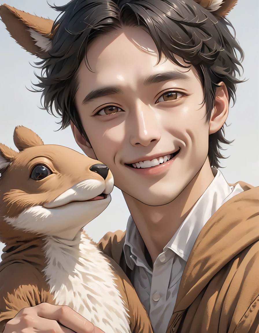 black hair, Surrealism, 8k, super detail, UHD, masterpiece, accurate, anatomically correct, textured skin, super detail, high details, high quality, award winning, best quality
"Create an AI-generated image of a man with a human face wearing a kangaroo costume. He should have a charming, cute smile that captures the hearts of women. The image should emphasize his playful and endearing expression."