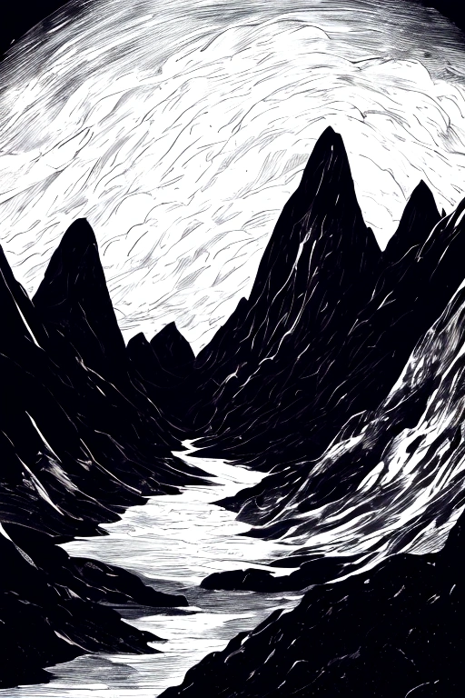 Alien air currents and mountains, Cloud band entanglement,Black sky,White and black (high quality)Excellent copperplate engraving art,Award-winning works