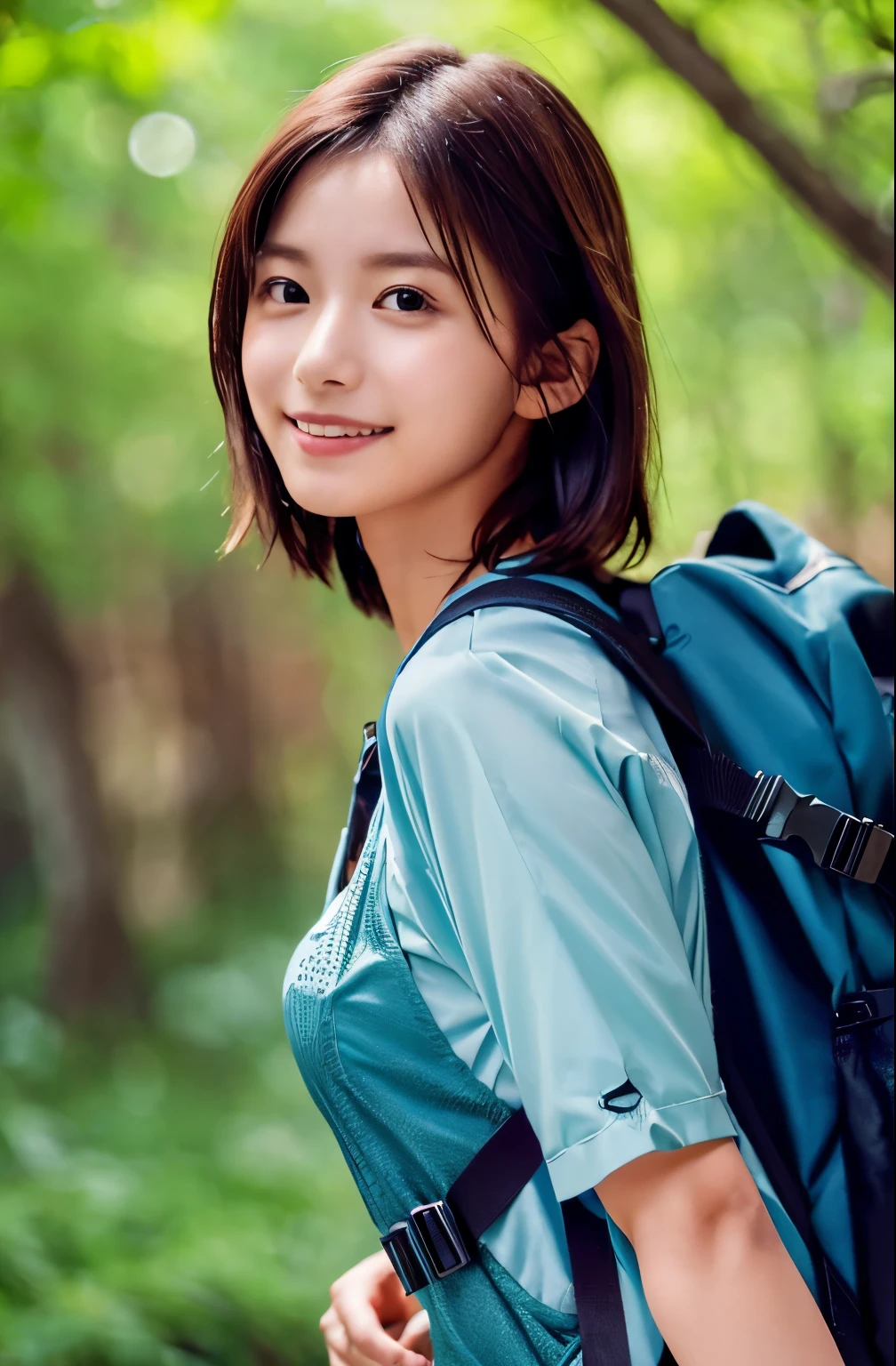 Highest quality, (Large backpack:1.3), One beautiful woman, (Touching the Jomon Cedar:1.3), ((masterpiece, Highest quality, High resolution)), 1 Girl, smile, (Realistic: 1.4), Great face, , short hair, (Beautiful Hair:1.5), Climbing Wear, The background is Yakushima, Side angle, (Skinny body type:1.3), (Flat Chest:1.3), (Mountain climbing style:1.3), Smooth, Highly detailed CG composite 8K wallpaper, High resolution RAW color photos, Professional photography, Light, BackLight, dream-like, impressive, Written boundary depth