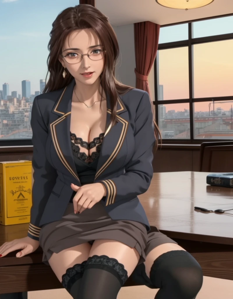 (high quality:1.1), Cinema Lighting, Highly detailed, blooming,
Izumi, Mature Woman, teacher, A girl, alone, Sitting at a table, window, Cowboy Shot,
Look at your audience, beautiful eyes, charming smile, blush, Open your mouth,
Light brown hair, long straight hair, Hair lift, Single hair swallow, Big eyes, Green eyes, compensation, Glasses, jewelry, Earrings,
Skirt Suit, (black knee socks:1.1), underwear,
Big Breasts, Cleavage, Thighs, Long Legs, Underwear
Complicated and intricate room background, Day, Day光, Cityscape,
