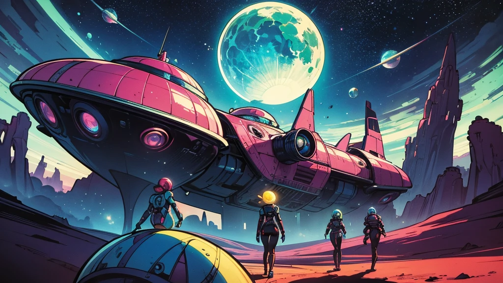 Create a dazzling alien world in the style of 1950s-70s comic book art. Use bold outlines, halftone patterns, and exaggerated perspective. Employ intense, saturated colors reminiscent of vintage four-color printing. Choose ONE of these elements:
-A gleaming futuristic city with impossible architecture and flying vehicles
-Bizarre, tentacled monsters with multiple eyes and otherworldly appendages
-A desolate, crater-filled landscape with twin moons in the sky
-Retro space girls in sleek silver suits and bubble helmets
-A massive, ring-shaped space station orbiting a technicolor planet
-Crystal formations and alien plant life in neon hues
Maintain a psychedelic, otherworldly atmosphere with swirling, colorful skies and strange celestial bodies. Emphasize the contrast between light and shadow to create a dramatic, pulp sci-fi feel.