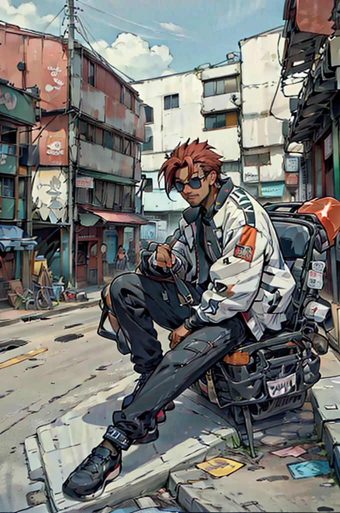 ((Work of art)), ((2000s anime style)), ((Very detailed)), ((4K)), 1 man, dark skin, American style hair, red hair color, has a goatee, wears earrings , wears round sunglasses, wearing a black car driver's jacket, baggy black pants, baggy pants, sitting close to the Car, looking at the screen, in a large tunnel.