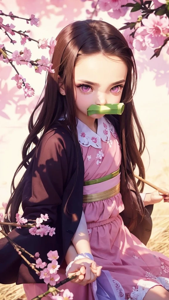 A beauty with pink eyes, with a bamboo stick in his mouth, brown hair and pink dress, with flowers around.