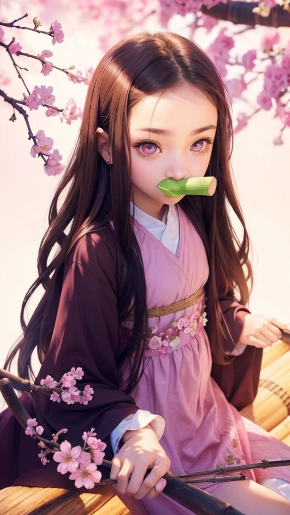 A beauty with pink eyes, with a bamboo stick in his mouth, brown hair and pink dress, with flowers around.