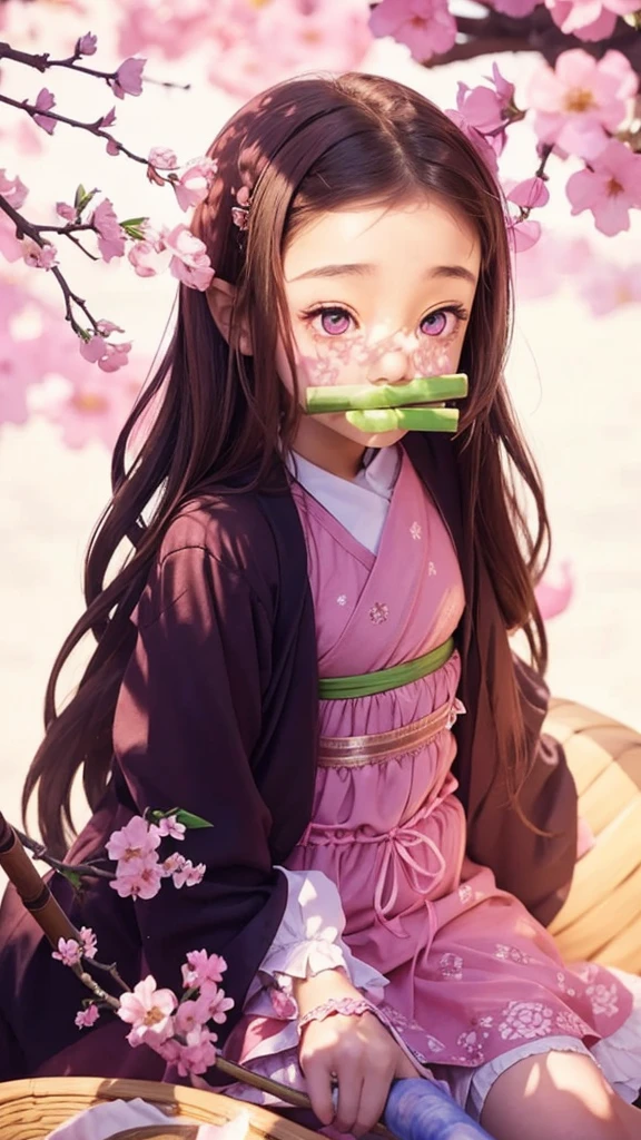 A beauty with pink eyes, with a bamboo stick in his mouth, brown hair and pink dress, with flowers around.