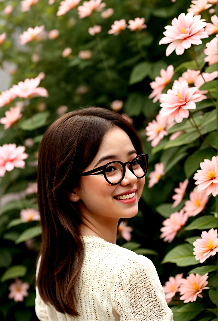 Girl with small eyes in the shade of glasses,Laugh happily,The back is surrounded by many flowers