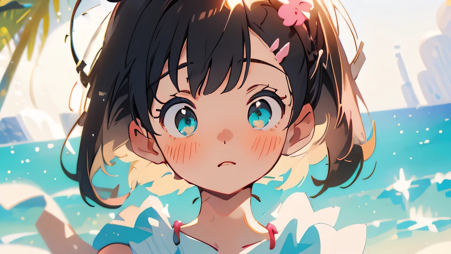 (masterpiece), (best quality), ultra high res, sharp focus, warm pastel tone, ((1 girl, solo)), upper body, side profile shot beautiful detailed hair, ((black hair)), (2 pink ribowns on the hair), beautiful detailed face, ((beautiful shape eyes, Turquoise eyes)), perfect feminine face, head up, looks up, surprise face, ((blush)), (marnie pokemon), (ponytails), ((assymmetrical bangs)), ((summer)), ((beach)), (marnie), (blushing), (summer dress), (light dress), (sleeveless dress)