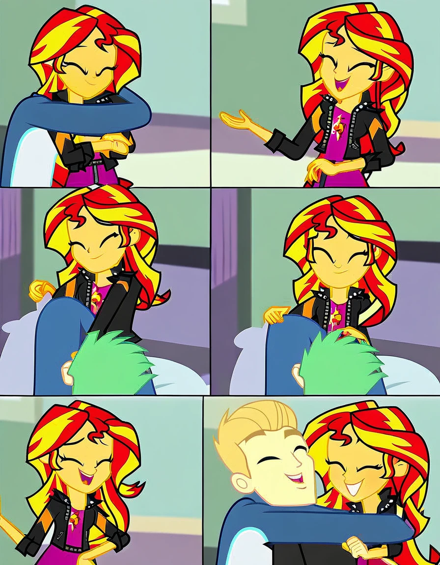 explicit, score_9, equestria_girls, sunset_shimmer, male_pov, sunset_shimmer_hugs_human_male, anon, human, hug, cartoon, happy, closed_eyes, show accurate, vector