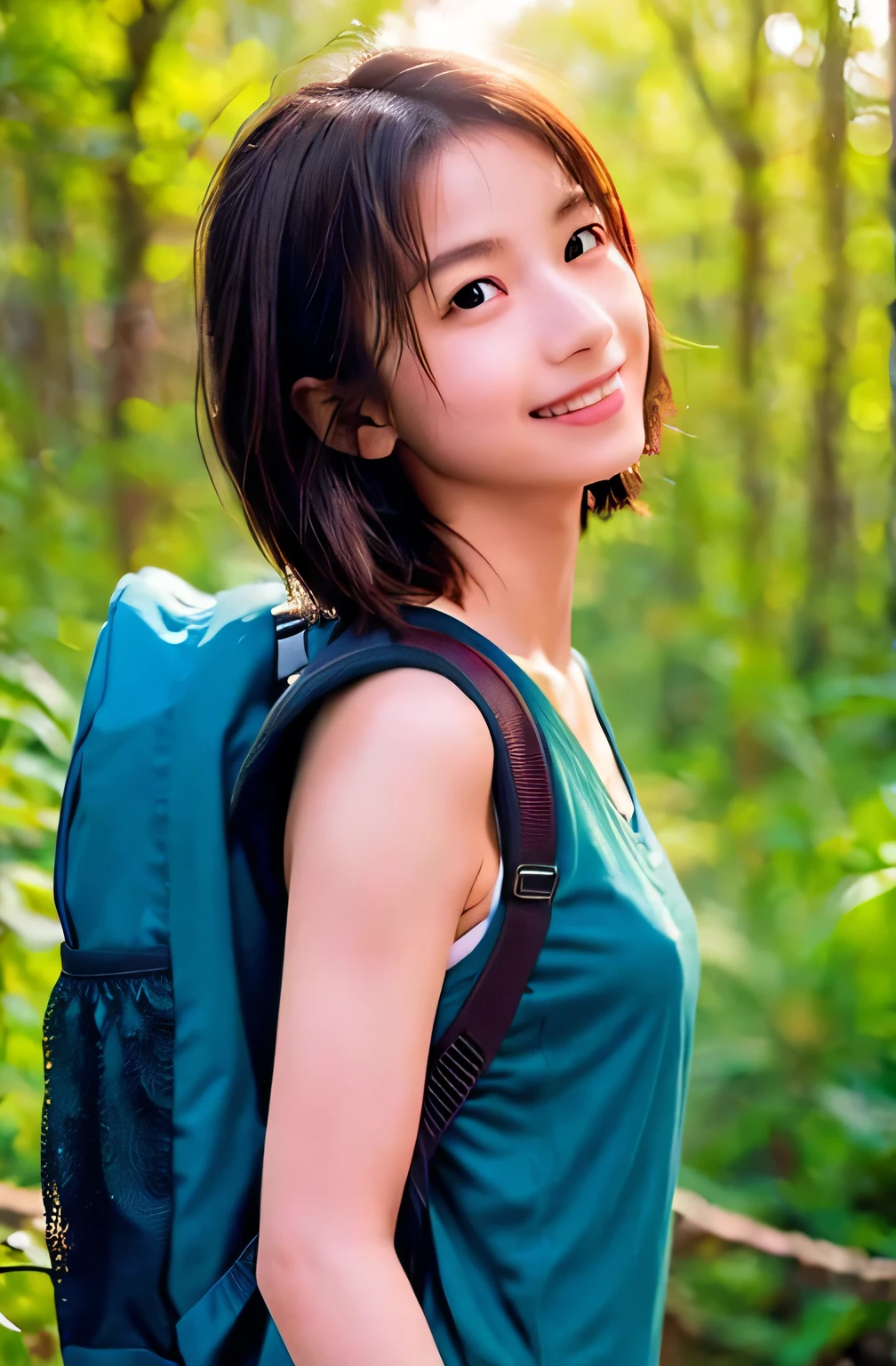 Highest quality, (Large backpack:1.3), One beautiful woman, sunlight, ((masterpiece, Highest quality, High resolution)), 1 Girl, smile, (Realistic: 1.4), Great face, , short hair, (Beautiful Hair:1.5), Climbing Wear, The background is Yakushima, Side angle, (Skinny body type:1.3), (Flat Chest:1.3), (Mountain climbing style:1.3), Smooth, Highly detailed CG composite 8K wallpaper, High resolution RAW color photos, Professional photography, Light, BackLight, dream-like, impressive, Written boundary depth