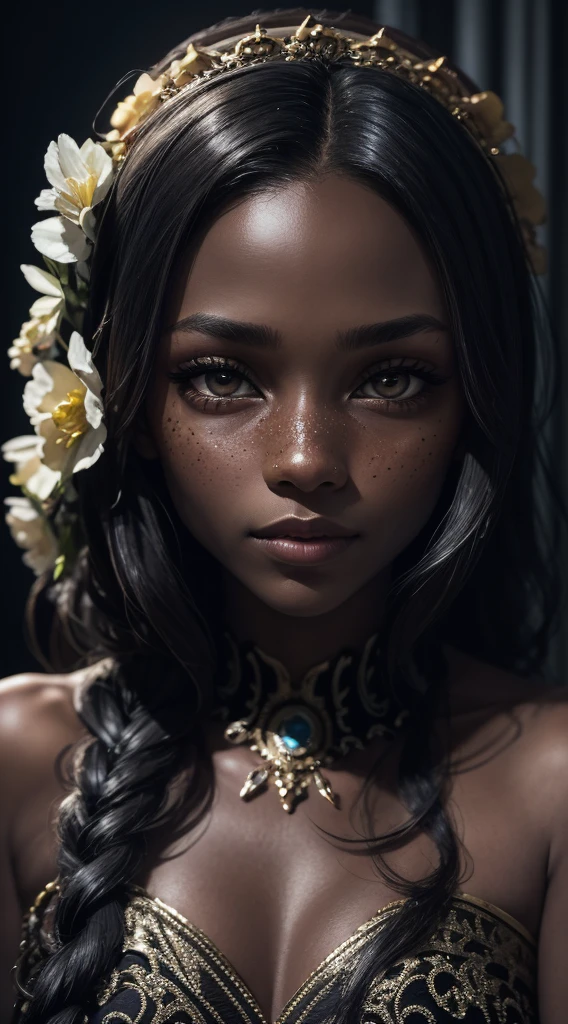 An exquisite portrait of a black African woman with deep ebony skin, photography captured in stunning 8k resolution and raw format to preserve the highest quality of details. The beauty of women is undeniable, her face commanding the frame in a close-up that reveals the intricate details of her eyes. She wears a dress that complements her radiant skin, and her eyes are portrayed with meticulous attention to detail, showing the captivating depth within. The photograph is taken with a lens that emphasizes the challenge of your gaze, and the backdrop is a dark studio environment that brings out the soft colors of the scene. Lighting and shadows are expertly crafted to highlight the richness of your skin tone and the subtle nuances of your features... Your red hair, with its distinct tone, adds a touch of warmth and contrast against your ebony skin. The interior ambiance adds a sense of intimacy, while the freckles on your skin tell their own story. The overall composition captures its essence with authenticity and grace, creating a portrait that is a celebration of your heritage and beauty. Photography by challenge512, using the best shadow and lighting techniques, to create a mesmerizing portrait that transcends the visual.