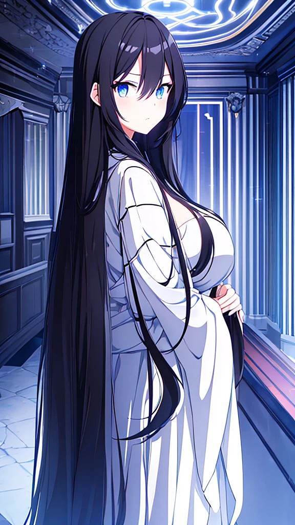 best quality, extremely detailed, anime style girl, long hair down to the waist, straight hair, dark black hair with bluish,crown braid,beautiful detailed eyes, pinched eyes, dark blue eyes, gradation eyes,huge breasts,((((black atmosphere)))),((Luxurious room)),((((cool)))),from side,sparkling eyes