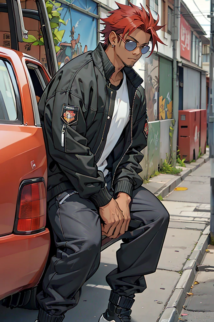 ((Work of art)), ((2000s anime style)), ((Very detailed)), ((4K)), 1 man, dark skin, American style hair, red hair color, has a goatee, wears earrings , wears round sunglasses, wearing a black car driver's jacket, baggy black pants, baggy pants, sitting close to the Car, looking at the screen, in a large tunnel.