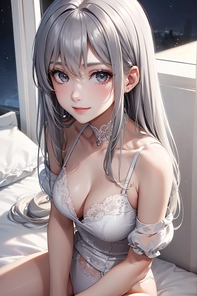 Best Quality,High resolution,8K,finelity detailed background,Masterpiece:1.2),beautiful girl,Glossy romance gray hair,asymmetrical hair,Gray eyes,Gentle look,A refreshing look,Best quality,Best Quality,Aesthetic and aesthetic:1.2,Best details((Super detailed))(High-definition CG illustrations),Grey underwear (gray,intricate lace),Slender body,moon,Late Night,Bedroom,On the bed,smile,blush,cute,Scrounge,Looking up,Being spoiled,super model,shoot from above