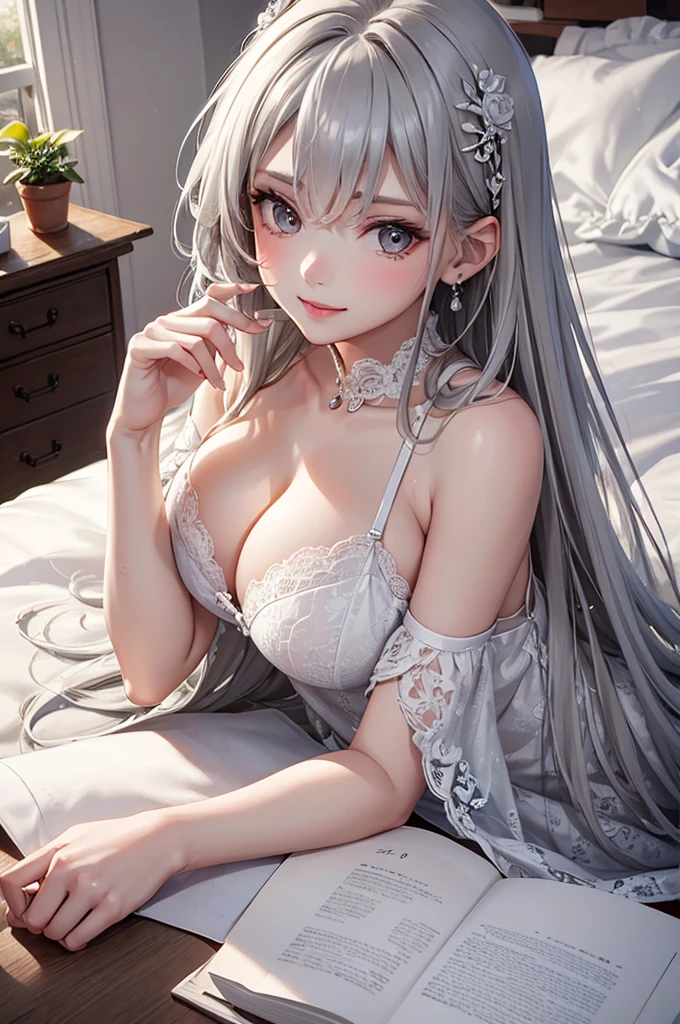 Best Quality,High resolution,8K,finelity detailed background,Masterpiece:1.2),beautiful girl,Glossy romance gray hair,asymmetrical hair,Gray eyes,Gentle look,A refreshing look,Best quality,Best Quality,Aesthetic and aesthetic:1.2,Best details((Super detailed))(High-definition CG illustrations),Grey underwear (gray,intricate lace),Slender body,moon,Late Night,Bedroom,On the bed,smile,blush,cute,Scrounge,Looking up,Being spoiled,super model,shoot from above