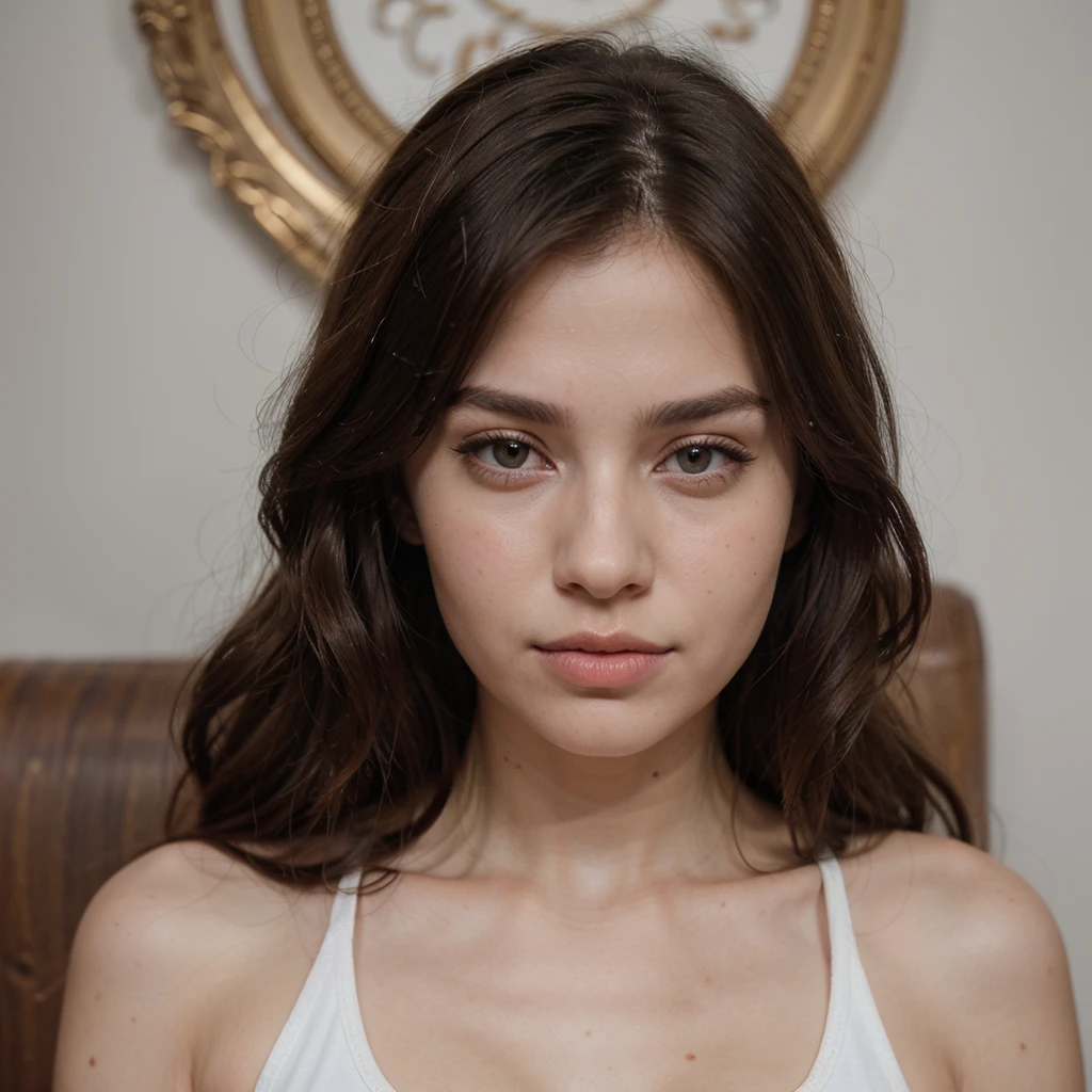 arafed woman with long brown hair and a white tank top, a picture by Emma Andijewska, reddit, renaissance, anastasia ovchinnikova, kailee mandel, portrait sophie mudd, headshot profile picture, young woman with long dark hair, without makeup, julia sarda, viktoria gavrilenko, young woman in her 20s((best quality)), ((masterpiece)), (detailed), perfect face