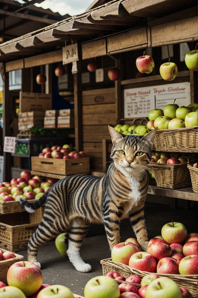 Setting: The marketplace, now with apples rolling everywhere.
Action: curious tabby cat Whiskers panics as apples roll in every direction. The stall owner, startled by the commotion, shouts for someone to catch the runaway apples.