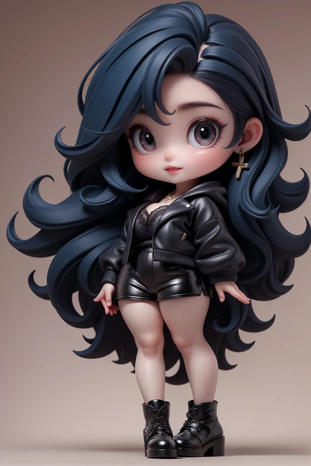 work of art, best qualityer,8K,offcial art, ultra high resolution,
1 busty girl with black hair,chibi, female , standing alone, whole body, gazing at viewer,
jewerly, aretes,
ssmile, hair blue, shorth hair, blush,
pencil skirt, booties, shorts, black shoes, black shorts, long sleeves, Black jacke, hooded cloak, cross lace shoes,
grey-eyed, teeths, wavy hair, chemise, tatoo,
