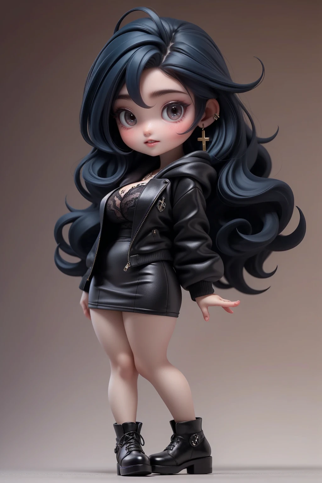 work of art, best qualityer,8K,offcial art, ultra high resolution,

1 busty girl with black hair,chibi, female , standing alone, whole body, gazing at viewer,
jewerly, aretes,
ssmile, hair blue, shorth hair, blush,
pencil skirt, booties, shorts, black shoes, black shorts, long sleeves, Black jacke, hooded cloak, cross lace shoes,
grey-eyed, teeths, wavy hair, chemise, tatoo,