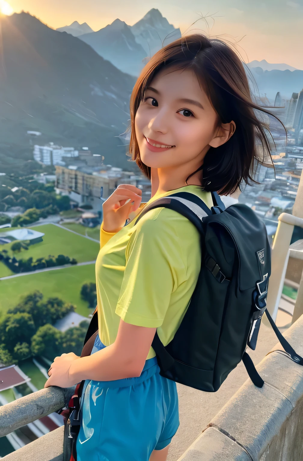 Highest quality, (Large backpack:1.3), One beautiful woman, sunlight, ((masterpiece, Highest quality, High resolution)), 1 Girl, smile, (Realistic: 1.4), Great face, , short hair, (Beautiful Hair:1.5), Climbing Wear, The background is the school building, Side angle, (Skinny body type:1.3), (Flat Chest:1.3), (Mountain climbing style:1.3), Smooth, Highly detailed CG composite 8K wallpaper, High resolution RAW color photos, Professional photography, Light, BackLight, dream-like, impressive, Written boundary depth