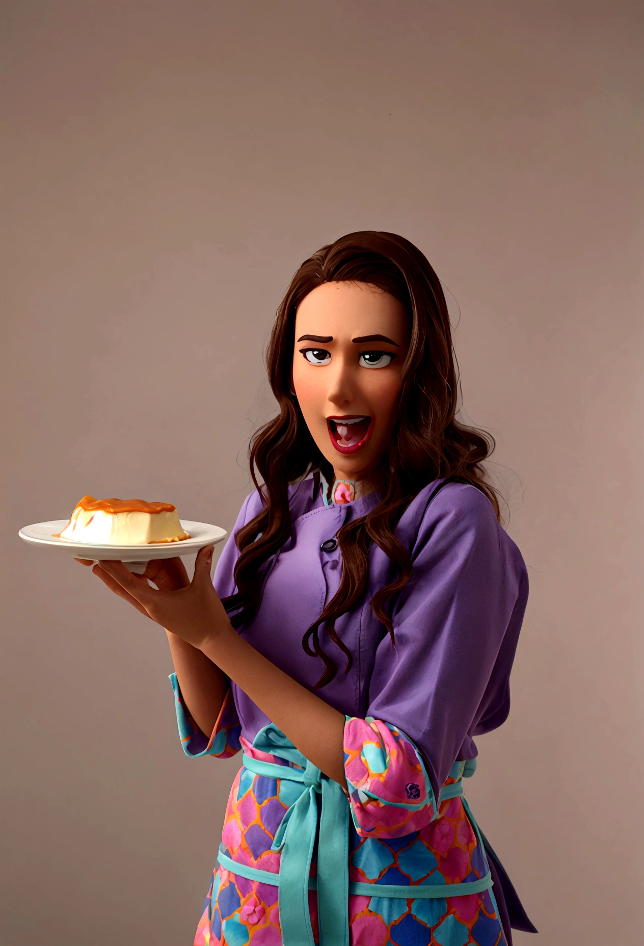 Create a 3d -Pixar style cartoon scene, Where a woman, with straight brown hair, 35 years old, She's cooking dressed as a pastry chef.