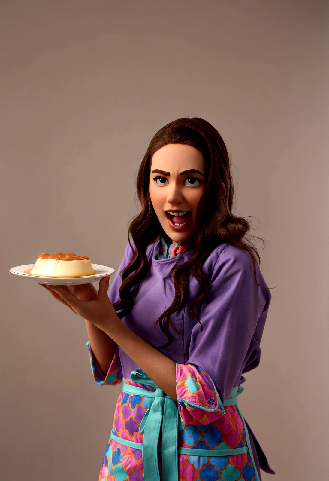 Create a 3d -Pixar style cartoon scene, Where a woman, with straight brown hair, 35 years old, She's cooking dressed as a pastry chef.