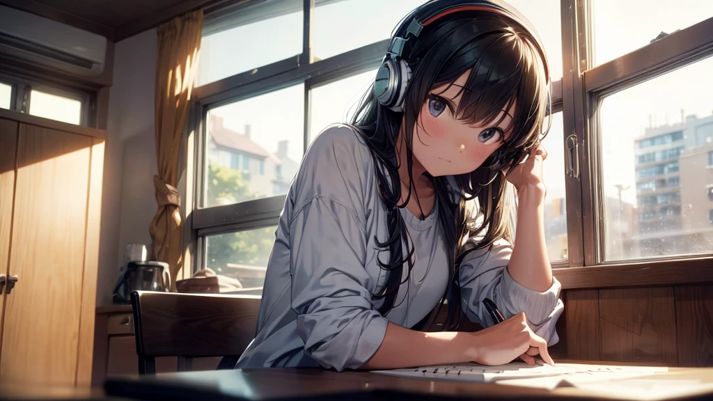 a lo-fi boy sitting at a table, headphones, studying music theory, soft hip hop beats playing in the background, film grain, cozy room, warm lighting, soft colors, subtle details, (best quality, 4k, 8k , high resolution , masterpiece: 1.2), ultra-detailed, pixel art, intricate details, soft focus, warm tones, moody atmosphere, film grain, depth of field