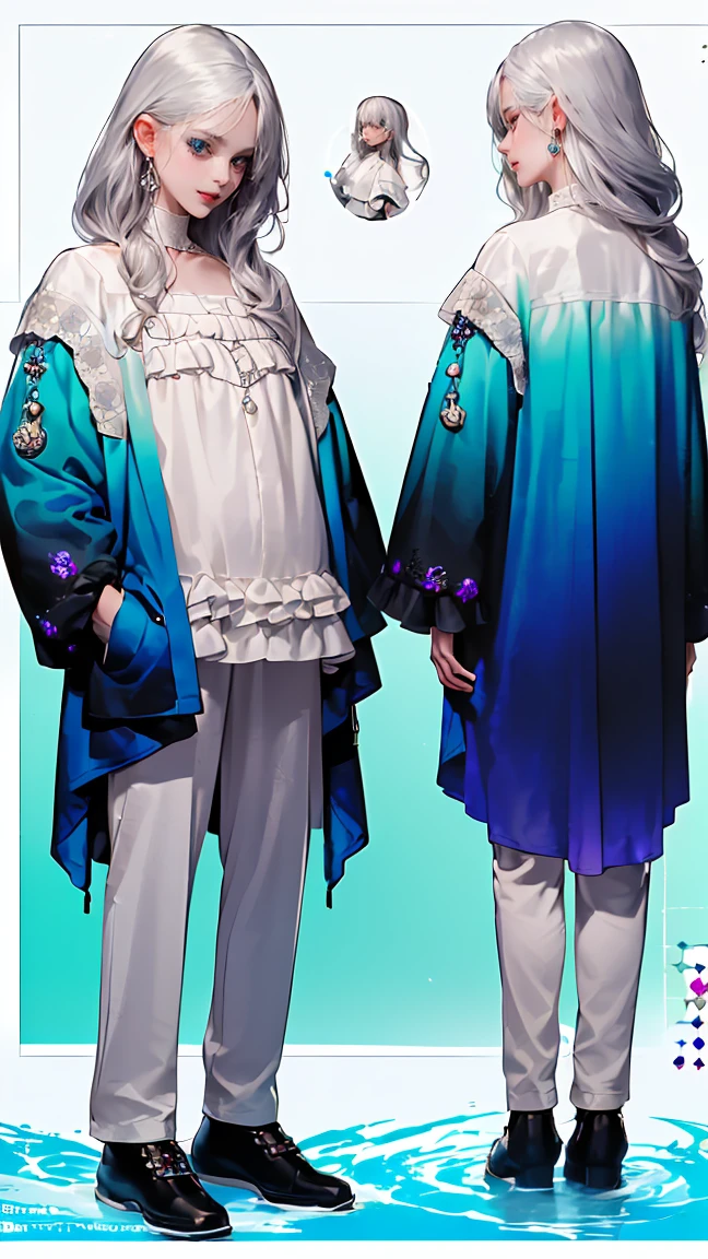 ((full body: 2)),((tachi-e:2.0)), ((character chart:1.5)),((UHD, masterpiece, super detail, best quality, highres, 8k)), (detailed line art), perfect face, Human, about 20 years old, (1 male), (light pink hair:1.0, fluffy hair;1.0, medium hair:1.0, half up:1. 5 ), (image of Pisces, sea, water surface), (light blue and light purple eyes:1.0, (( gradient eyes:1.5)), round eyes, droopy eyes, droopy eyebrows), (light blue shirt, jacket and pants:1.5, Lolita-style prince fashion:1.5, water surface pattern draping and ruffles:1.0, silver and jeweled ornaments and accessories:1.5), lace-up shoes like the sea), smile