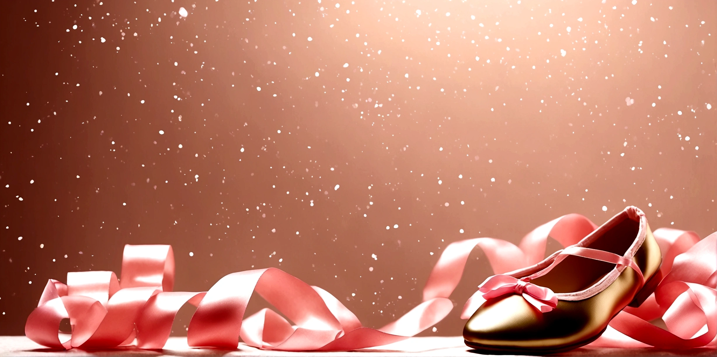 Banner graph；poster；There is a pair of small ballet shoes in the corner of the picture，Wrapped in a pink ribbon；Ribbons fill the screen；dream，mystery；Big scene；Golden pink hue。Low saturation；Background pure，Simplicity。Large blank space in the center。