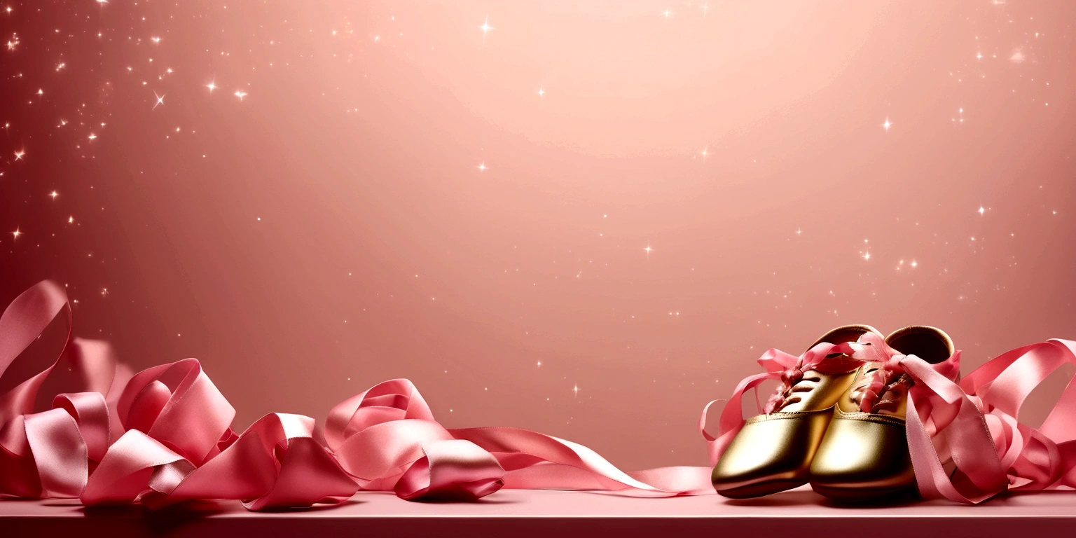 Banner graph;poster;There is a pair of small ballet shoes in the corner of the picture,Wrapped in a pink ribbon;Ribbons fill the screen;dream,mystery;Big scene;Golden pink hue。Low saturation;Background pure,Simplicity。Large blank space in the center。