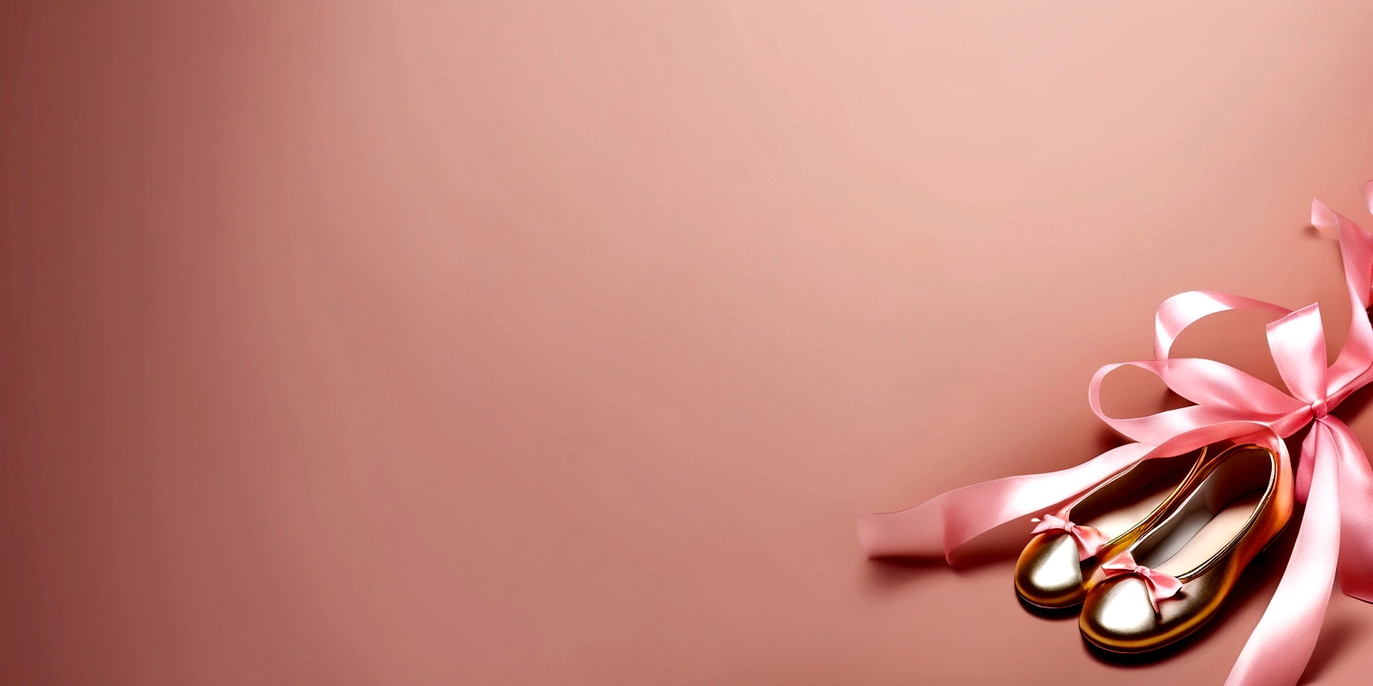 Banner graph;poster;There is a pair of small ballet shoes in the corner of the picture,Wrapped in a pink ribbon;Ribbons fill the screen;dream,mystery;Big scene;Golden pink hue。Low saturation;Background pure,Simplicity。Large blank space in the center。
