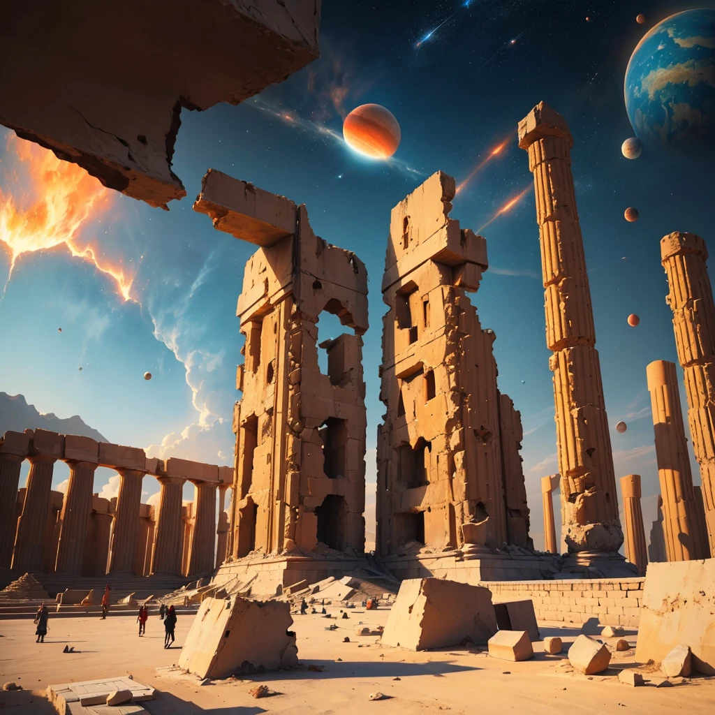 The damaged building of Persepolis, the physical space on fire, the closeness of the planets is evident in the sky
