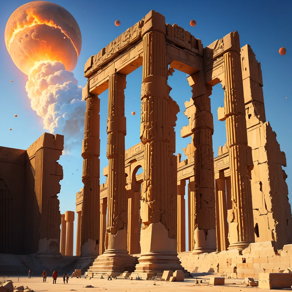 The damaged building of Persepolis, the physical space on fire, the closeness of the planets is evident in the sky