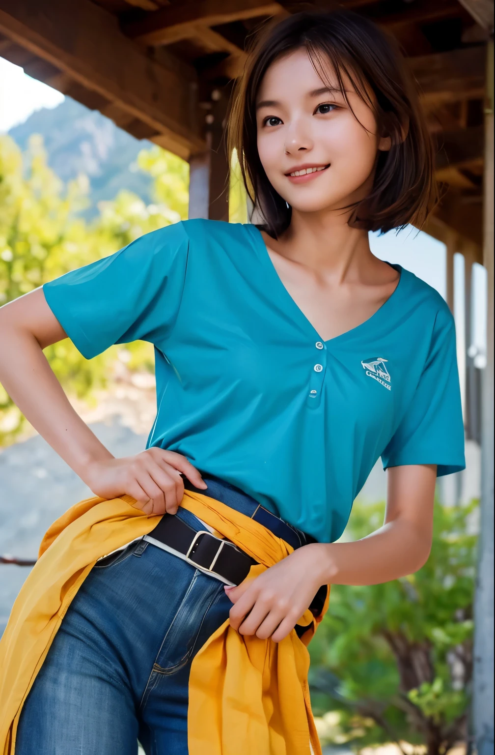 Highest quality, (Mountain Department:1.3), One beautiful woman, sunlight, ((masterpiece, Highest quality, High resolution)), 1 Girl, smile, (Realistic: 1.4), Great face, ************, short hair, (Beautiful Hair:1.5), Climbing Wear, The background is the school building, Side angle, (Skinny body type:1.3), (Flat Chest:1.3), (Mountain climbing style:1.3), Smooth, Highly detailed CG composite 8K wallpaper, High resolution RAW color photos, Professional photography, Light, BackLight, dream-like, impressive, Written boundary depth