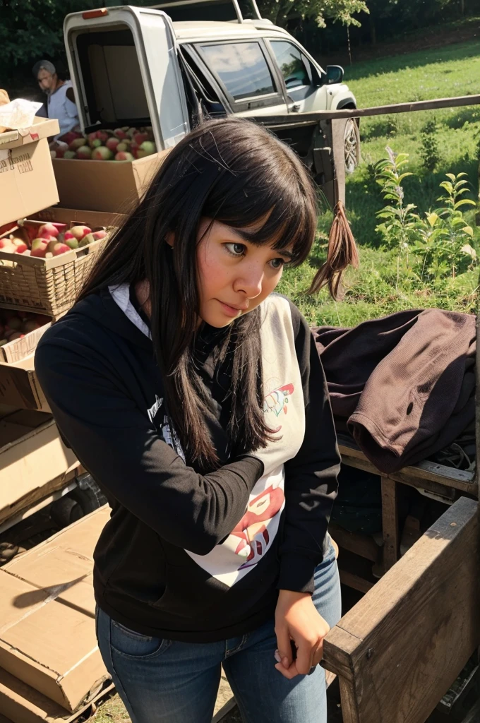 Setting: Amidst the chaos, with people trying to gather apples.
Action: Whiskers feels guilty and confused. She doesn't understand why everyone is upset. She starts meowing sadly, feeling overwhelmed by the situation she unintentionally caused.