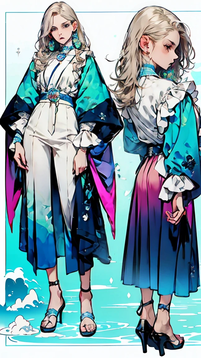 ((full body: 2)),((tachi-e:2.0)), ((character chart:1.5)),((UHD, masterpiece, super detail, best quality, highres, 8k)), (detailed line art), perfect face, Human, about 20 years old, (1 male), (light pink hair:1.0, fluffy hair;1.0, medium hair:1.0, half up:1. 5 ), (image of Pisces, sea, water surface), (light blue and light purple eyes:1.0, (( gradient eyes:1.5)), round eyes, droopy eyes, droopy eyebrows), (light blue shirt, jacket and pants:1.5, ta-style prince fashion:1.5, water surface pattern draping and ruffles:1.0, silver and jeweled ornaments and accessories:1.5), lace-up shoes like the sea), smile