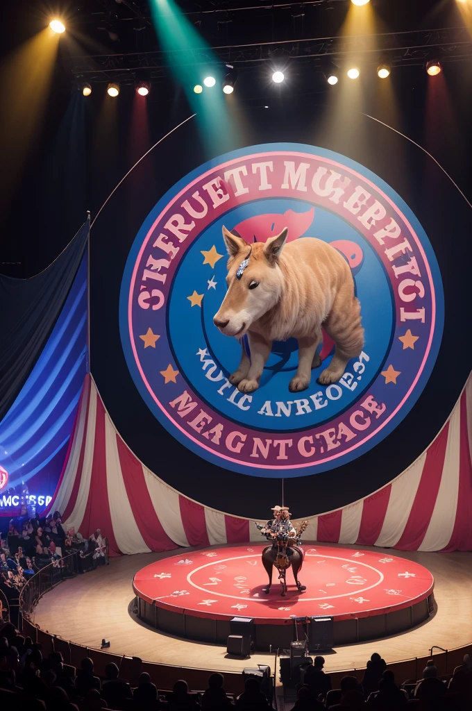 I want an eye-catching round logo inside the circus with several animals to represent veterinary medicine. Below I want it to say UFCG 2024.2 and above the animals I want veterinary medicine written