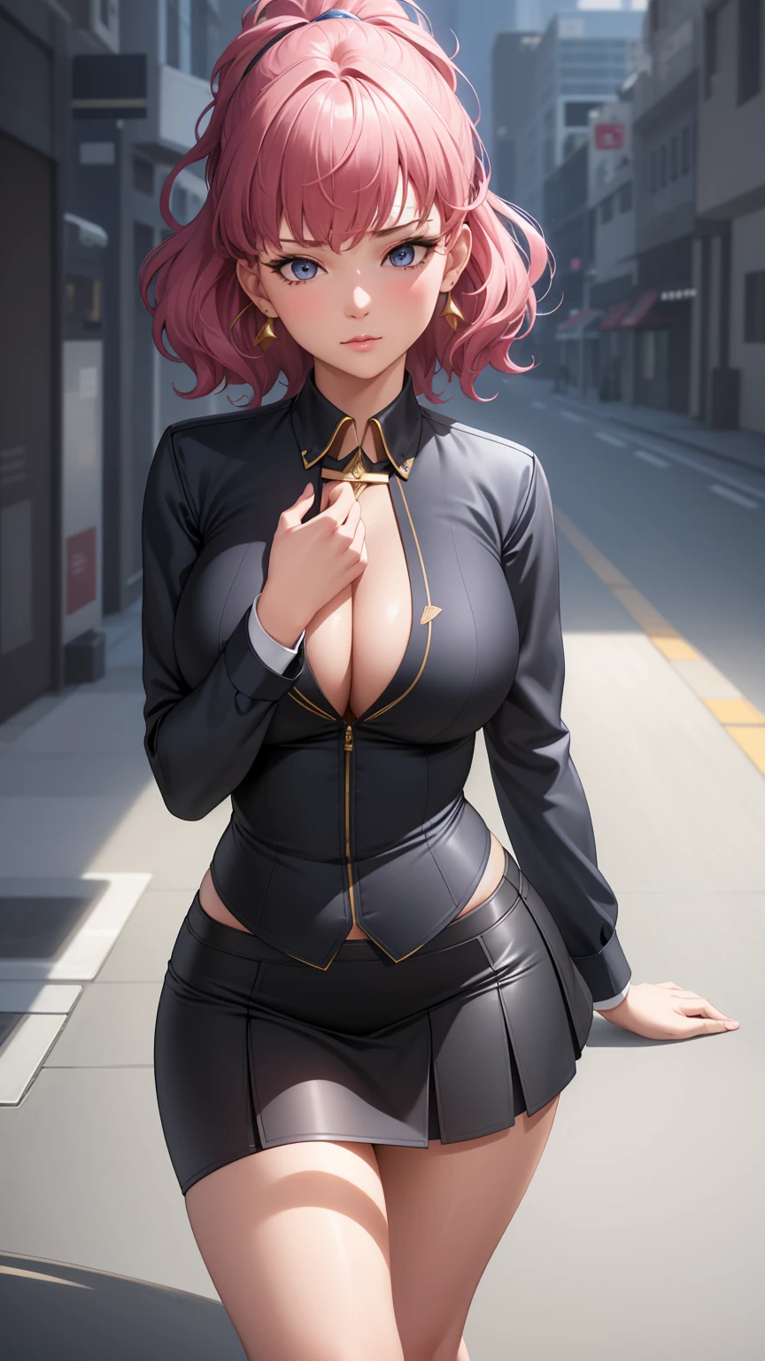 (best quality:1.5, highres, UHD, 4K, detailed lighting, shaders), (high quality eyes), ( perfect fingers), curly floral haired, gradient hair, large breasts, suit, gray shirt, social shirt, short skirt, mature woman , (pov), white background, colorful eyeshadow, dramatic lighting, sparkling eyes, sensual expression, golden earrings, delicate facial features, soft skin, high cheekbones, urban setting, white background, dont look for the camera, lean forward, behind the camera, full body