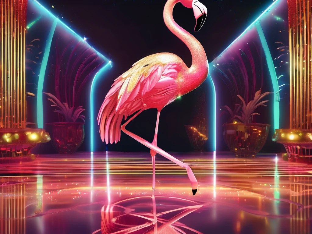 concept art, A gracefully twirling flamingo with roller skates glides across the dance floor, dressed in shimmering metallic gold attire and adorned with sunglasses and a golden chain. Its wings spread wide, striking a balletic pose, all illuminated in the vibrant hues of a 60's discotheque. This captivating digital illustration, showcases the exquisite elegance of the flamingo's movements, perfectly blending retro glamour with avian grace. intricate detailing and vivid colors magnificent and visually wonderful creation. digital illustration, best quality, 8k, highres, masterpiece, ultra-detailed, realistic, photorealistic, photo-realistic, HDR, vivid colors, studio lighting, professional, colorful, neon, glowing, dynamic, energetic, whimsical, surreal, magical, dreamlike
