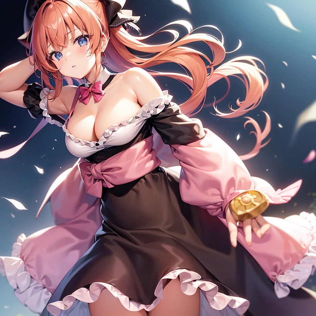 独奏,suzuhara lulu,bow,pink cardigan,brooch,white shirt,hair ornament,jewelry,medium hair,black beret,pink bows,blue eyes,fusion of light orange & light brown hair,bangs,frills,hairclips,long sleeves,hair curl inwards,tareme,cowboy shot,Free Pose、Shoulder Off、Big Breasts、Cleavage exposure、Only one woman、Low - Angle