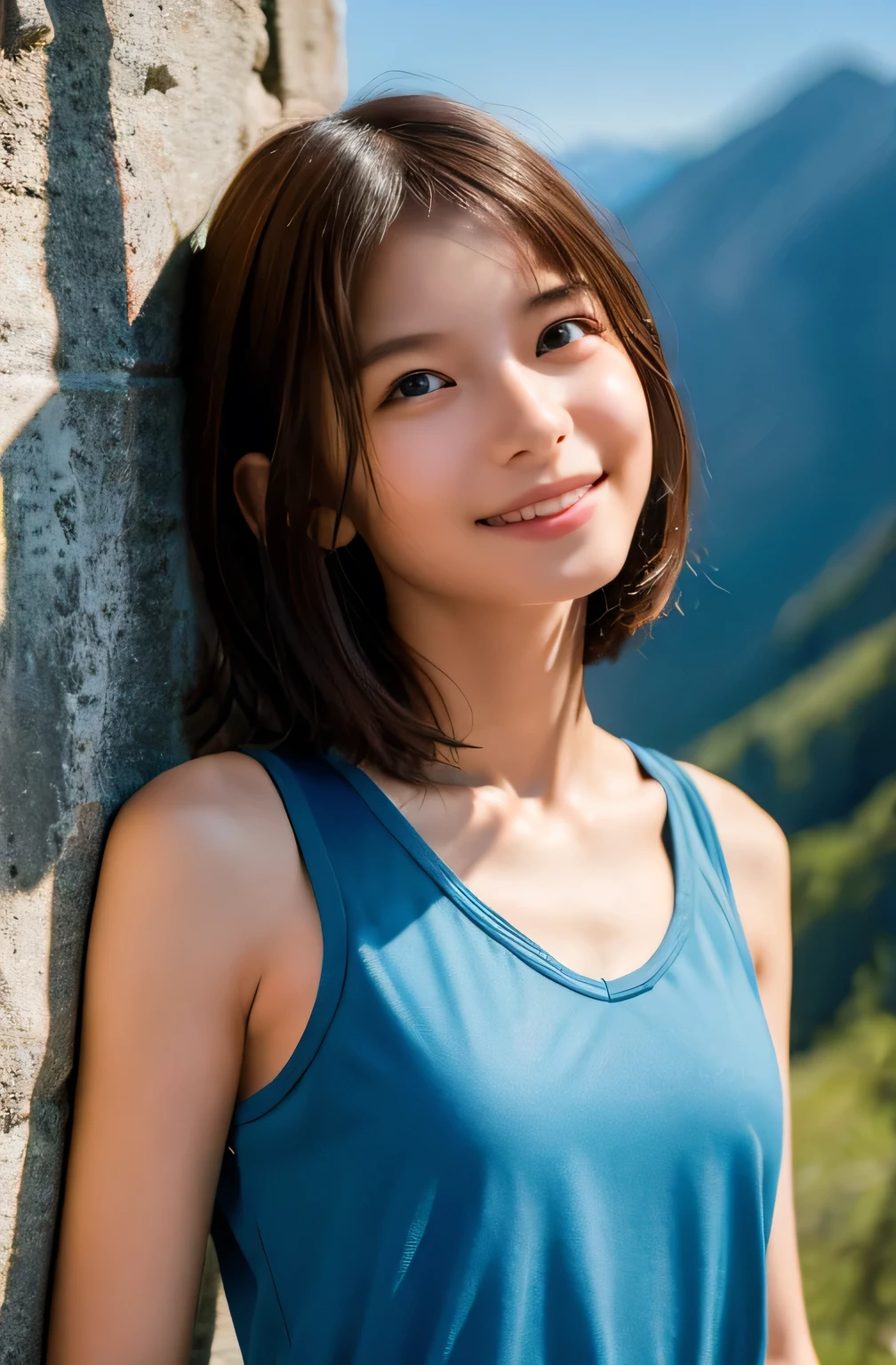 Highest quality, (Mountain Department:1.3), One beautiful woman, sunlight, ((masterpiece, Highest quality, High resolution)), 1 Girl, smile, (Realistic: 1.4), Great face, , short hair, (Beautiful Hair:1.5), Climbing Wear, The background is the school building, Side angle, (Skinny body type:1.3), (Flat Chest:1.3), (Mountain climbing style:1.3), Smooth, Highly detailed CG composite 8K wallpaper, High resolution RAW color photos, Professional photography, Light, BackLight, dream-like, impressive, Written boundary depth