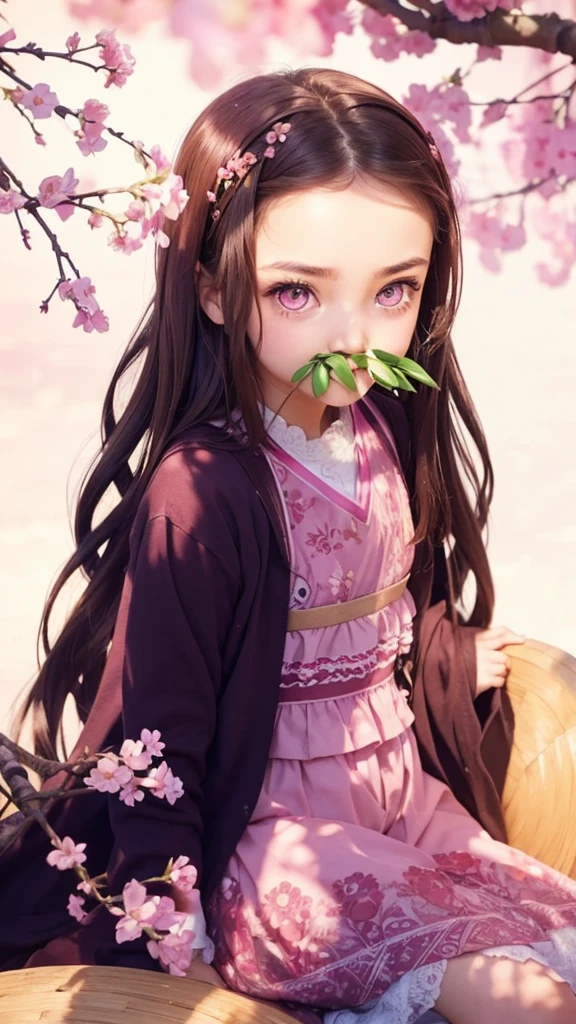 A beauty with pink eyes, with a piece of bamboo in your mouth, brown hair and pink dress, with flowers around.
