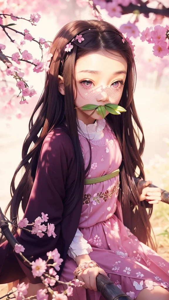 A beauty with pink eyes, with a piece of bamboo in your mouth, brown hair and pink dress, with flowers around.